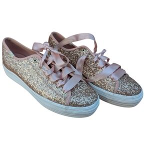 Glitter Rose Gold Low-Top Sneakers with Satin Ribbon Laces